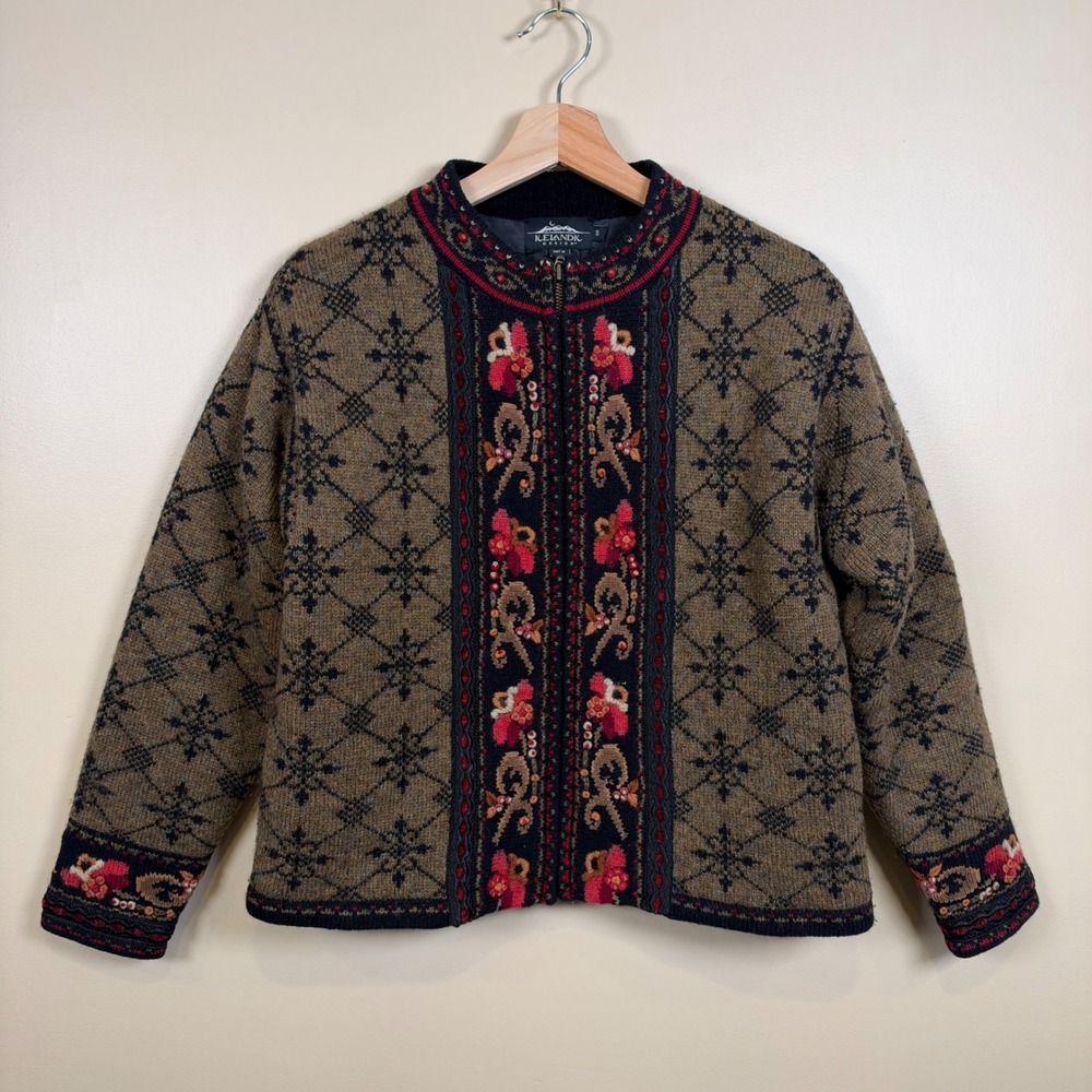 VTG Icelandic Design Wool Zip Cardigan Womens S Nordic Floral Embroidered Coat